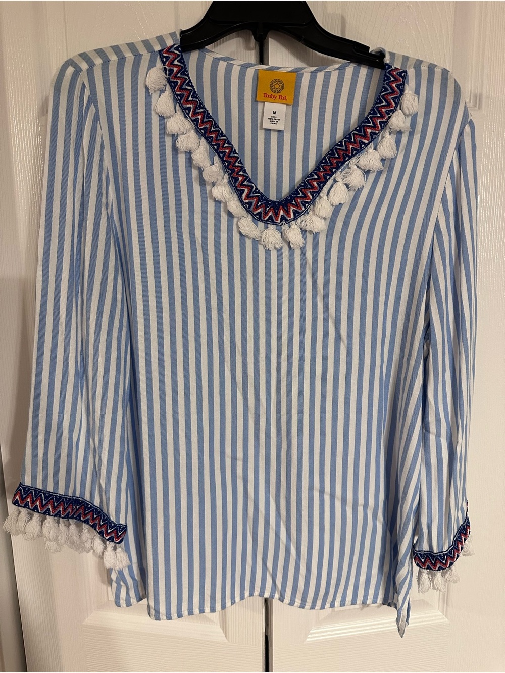 Ruby Rd. Light Blue & White Striped V‑Neck Tassel Top with Red & Navy Trim